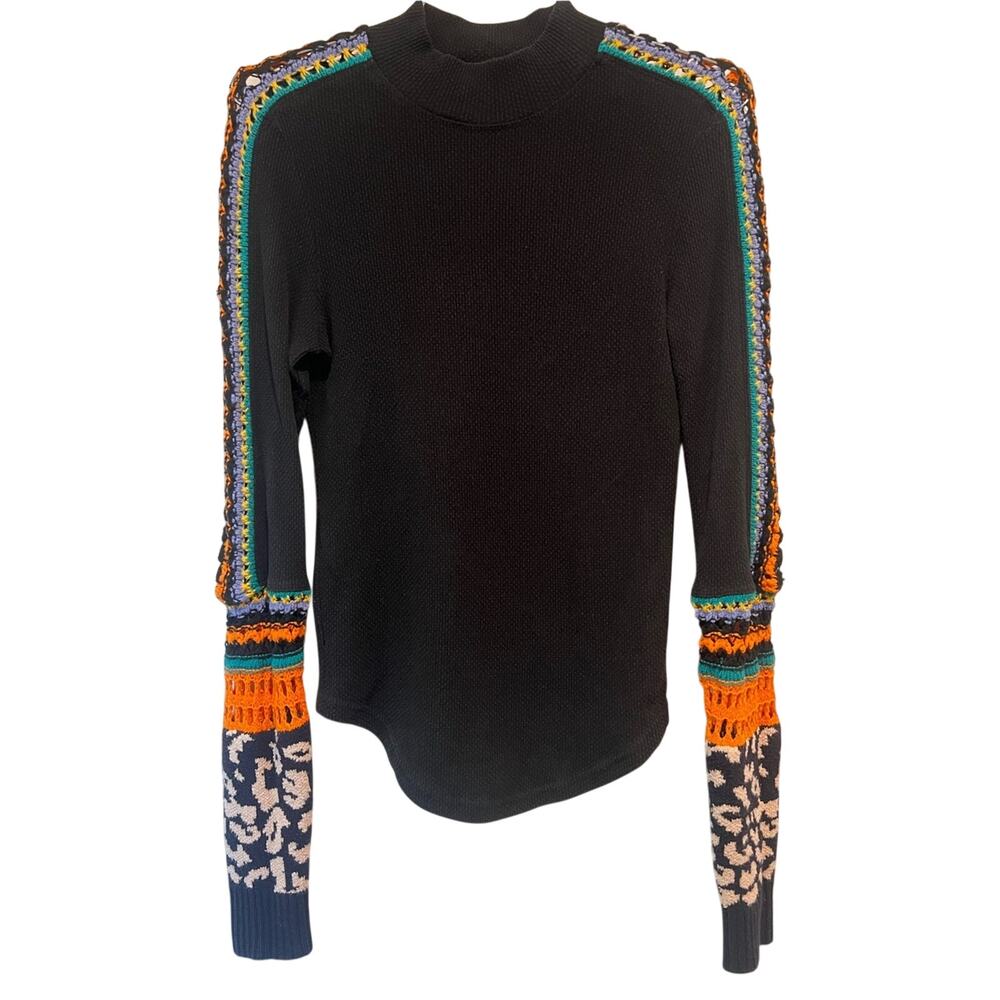 Free People Black Crochet Sleeve Sweater Top Boho Mock Neck Small